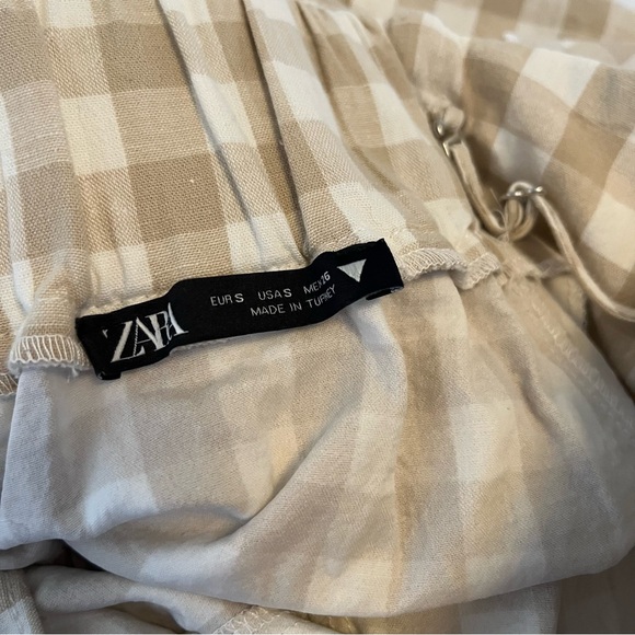 Zara Gingham Checked Linen Bustier Sweetheart Mini Dress Tan White S - Picture 12 of 12